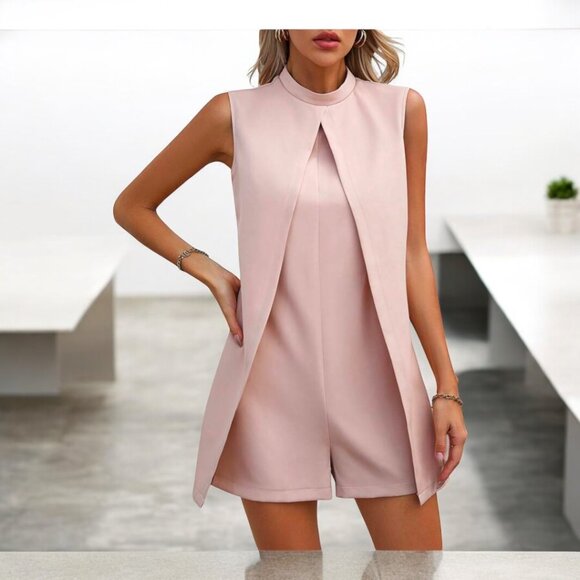 Solid Zip Back Mock Neck Romper, a chic and elegant addition to your wardrobe - Picture 2 of 6